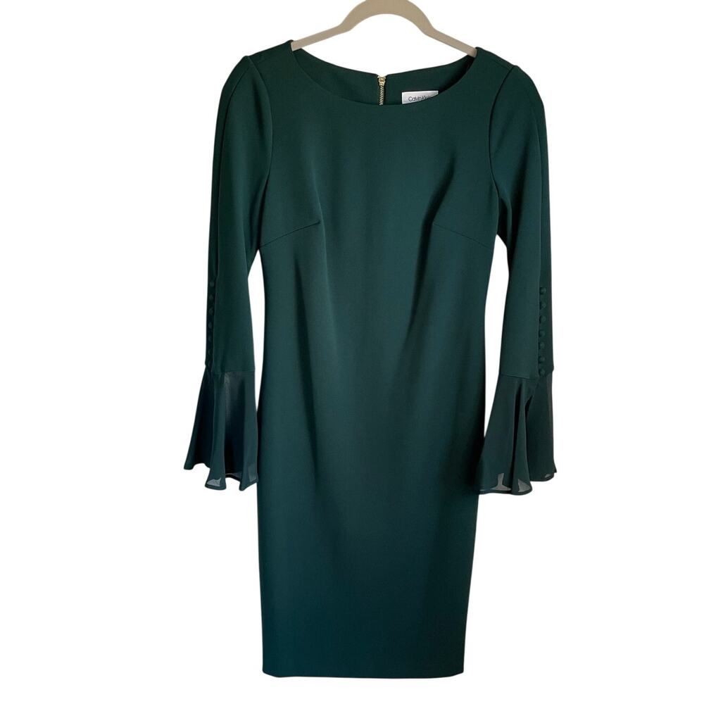 Calvin Klein Womens 4 Forest Green Bell Sleeve Sheath Dress Exposed Zip Elegant